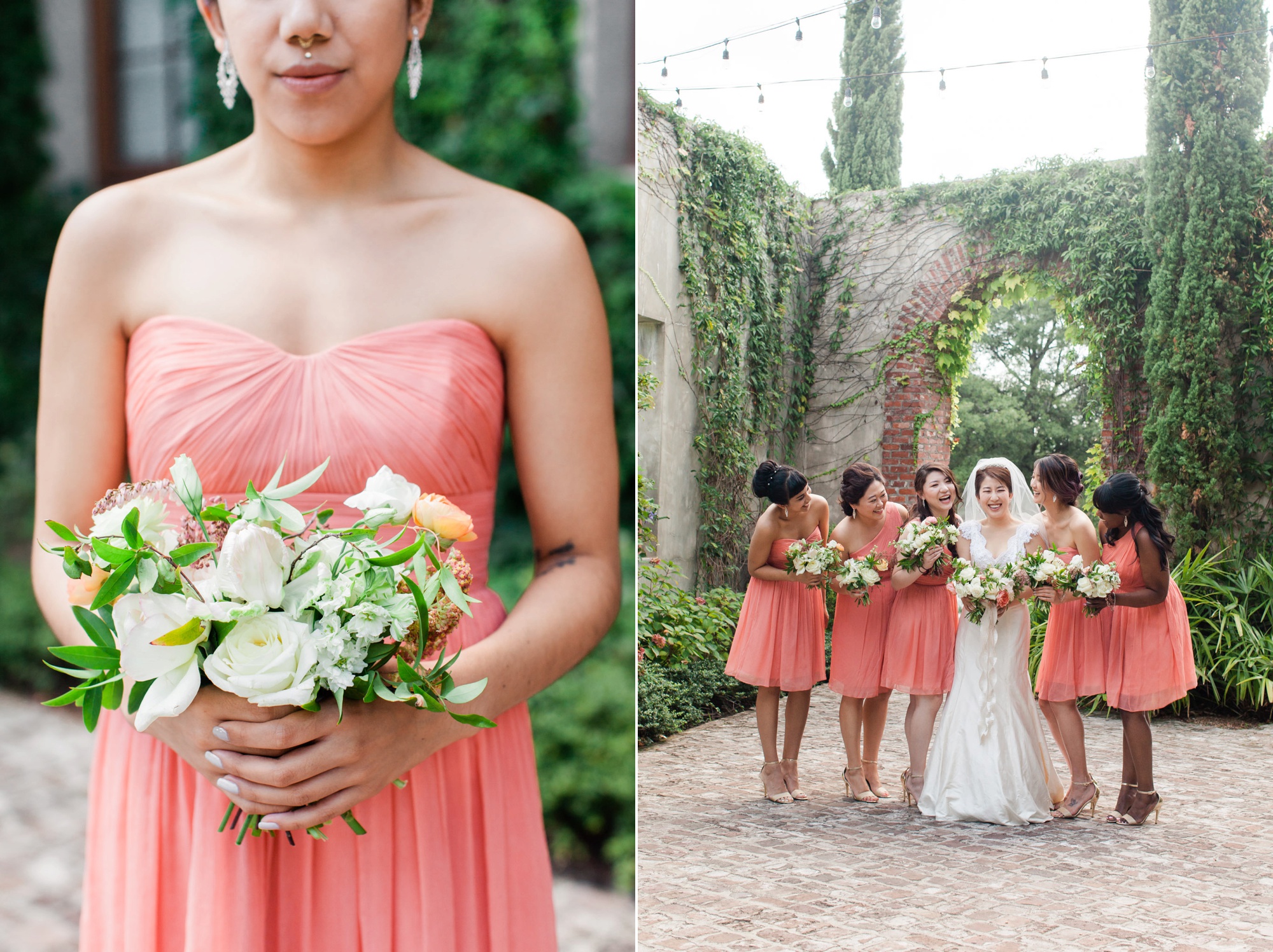 Delicate Amy Osaba florals, coral bridesmaids dresses and a stunning Summerour backdrop make for beautiful wedding images by Rebecca Cerasani.