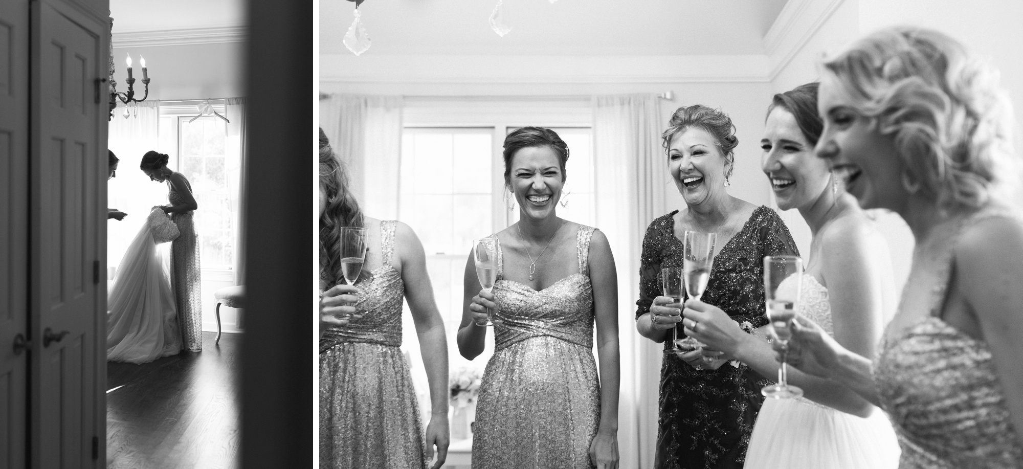 This bride takes a minute to relax with her ladies before her first look.