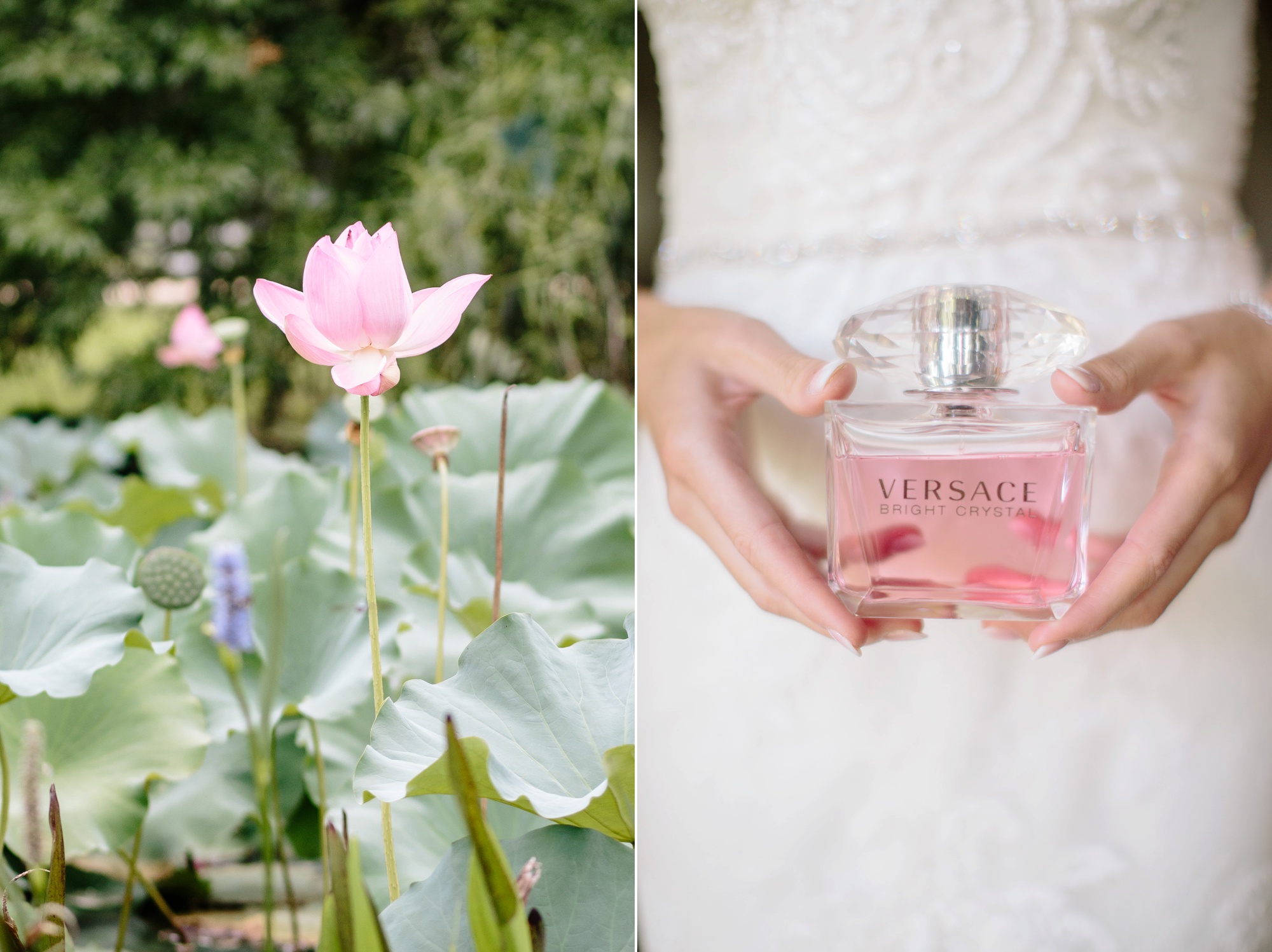 This bride chose Versace bright crystal as her wedding day perfume and I love how the pink color plays with the florals in bloom at the property on Foxhall. Photos by Rebecca Cerasani, Foxhall's premier wedding photographer.