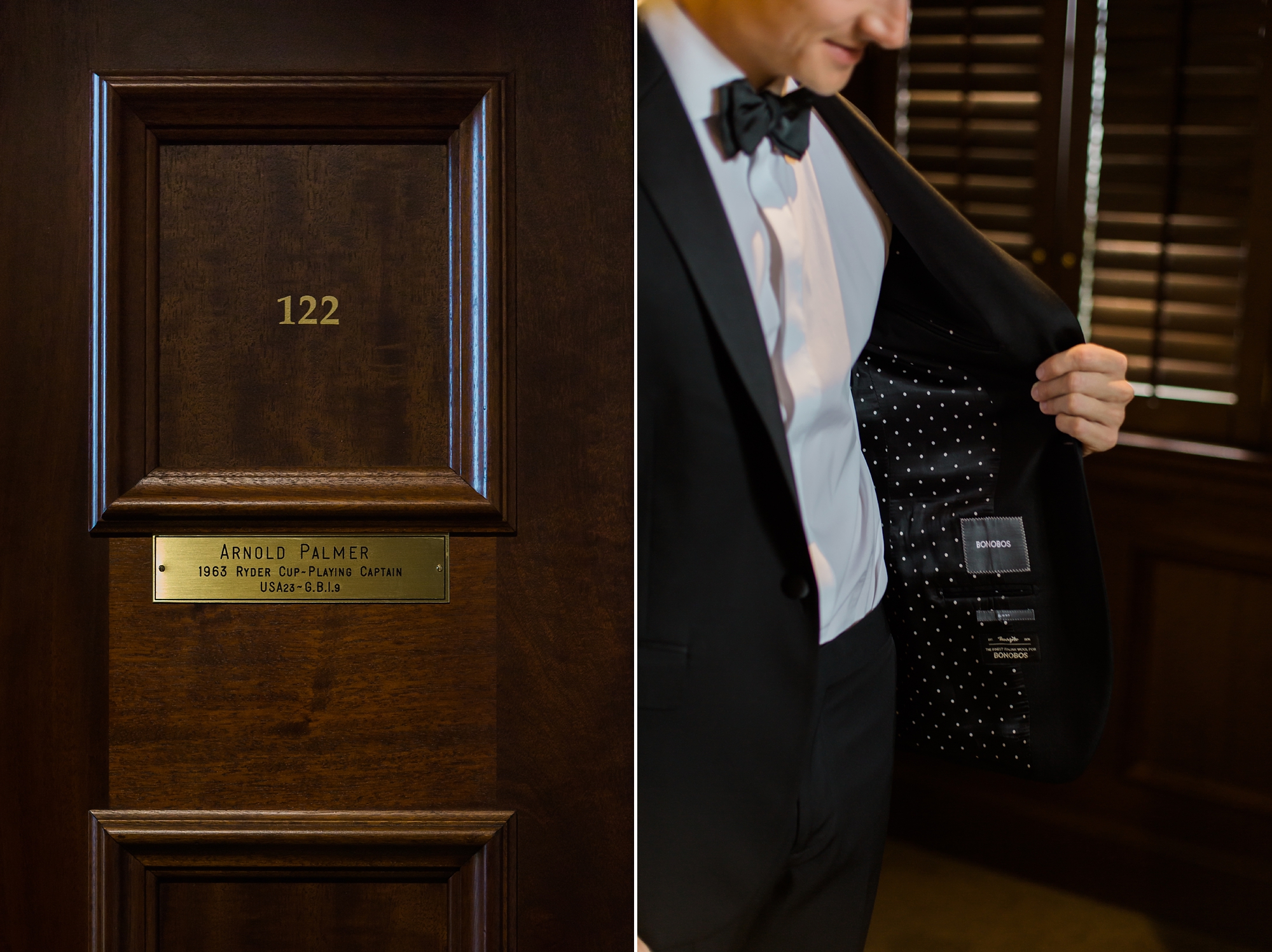 Groom getting ready at East Lake Golf Club in the Champions Locker Room by Leigh and Becca