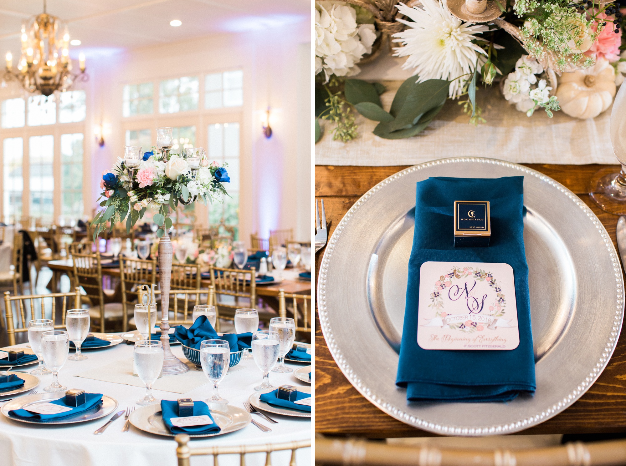 Elegant and simple navy and pink reception decor at Little River Farms in Milton, Georgia