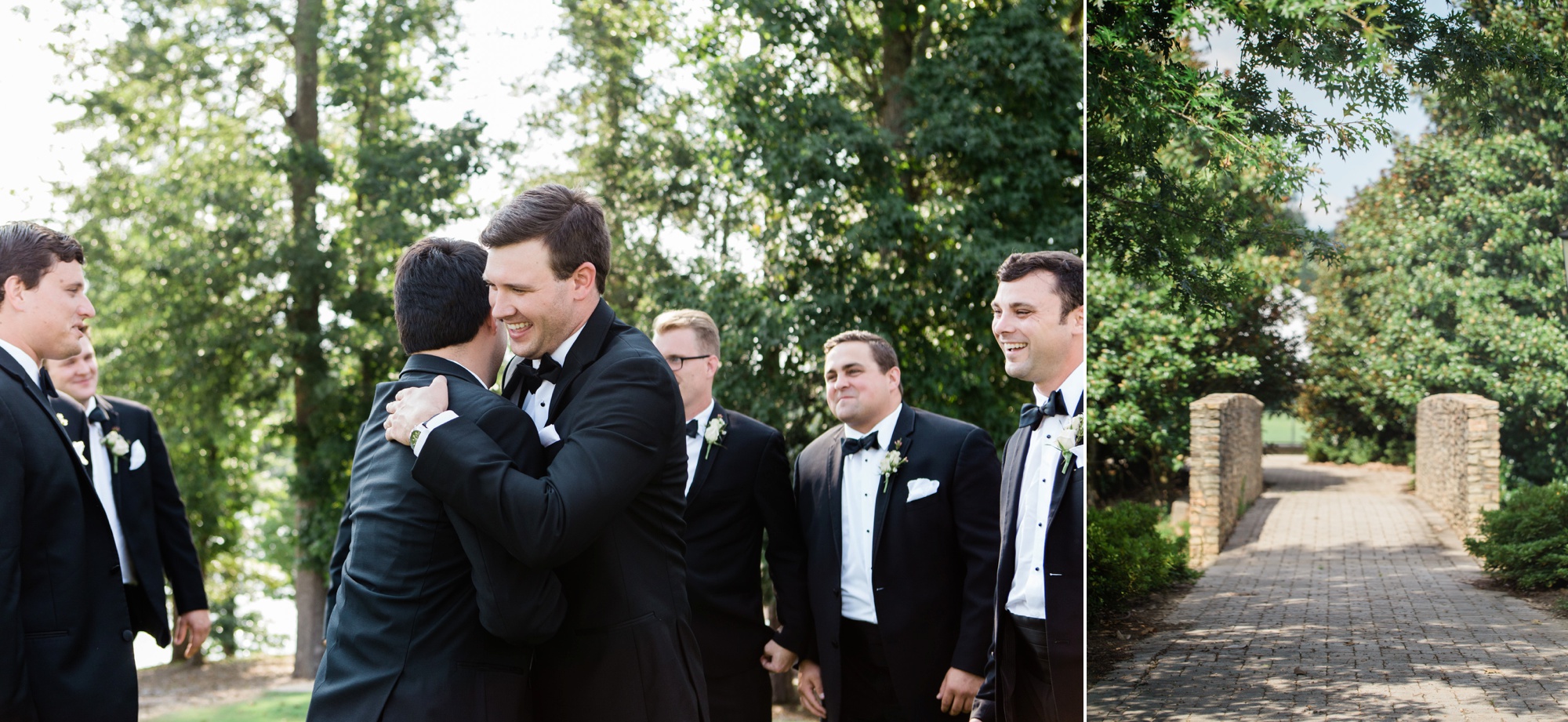 A groom hugs his best man as he gets ready to start the wedding ceremony. Capture by Foxhall Wedding photographer Rebecca Cerasani